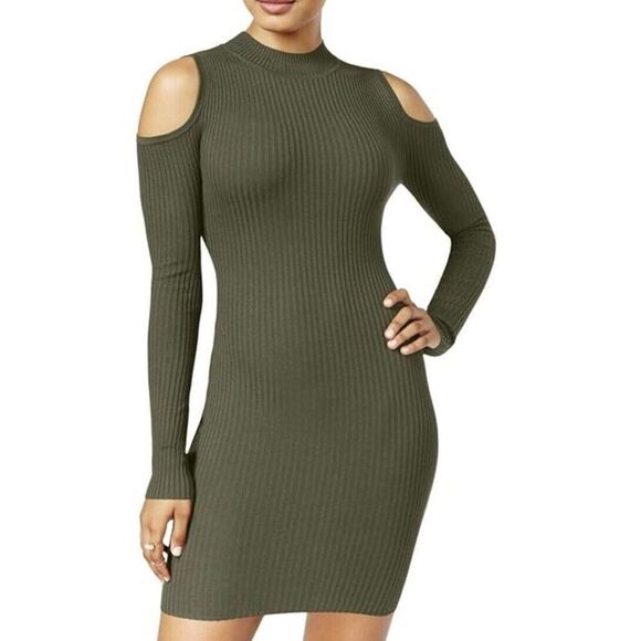 Say What Sweater Knit Dress Woman 2X Army Green Pullover Cold Shoulder Dress NWT - Picture 3 of 15
